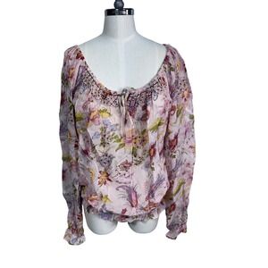 Vintage Revue Boho Floral Smocked Peasant‎ Blouse Pink Rayon Ruffle Hem XL